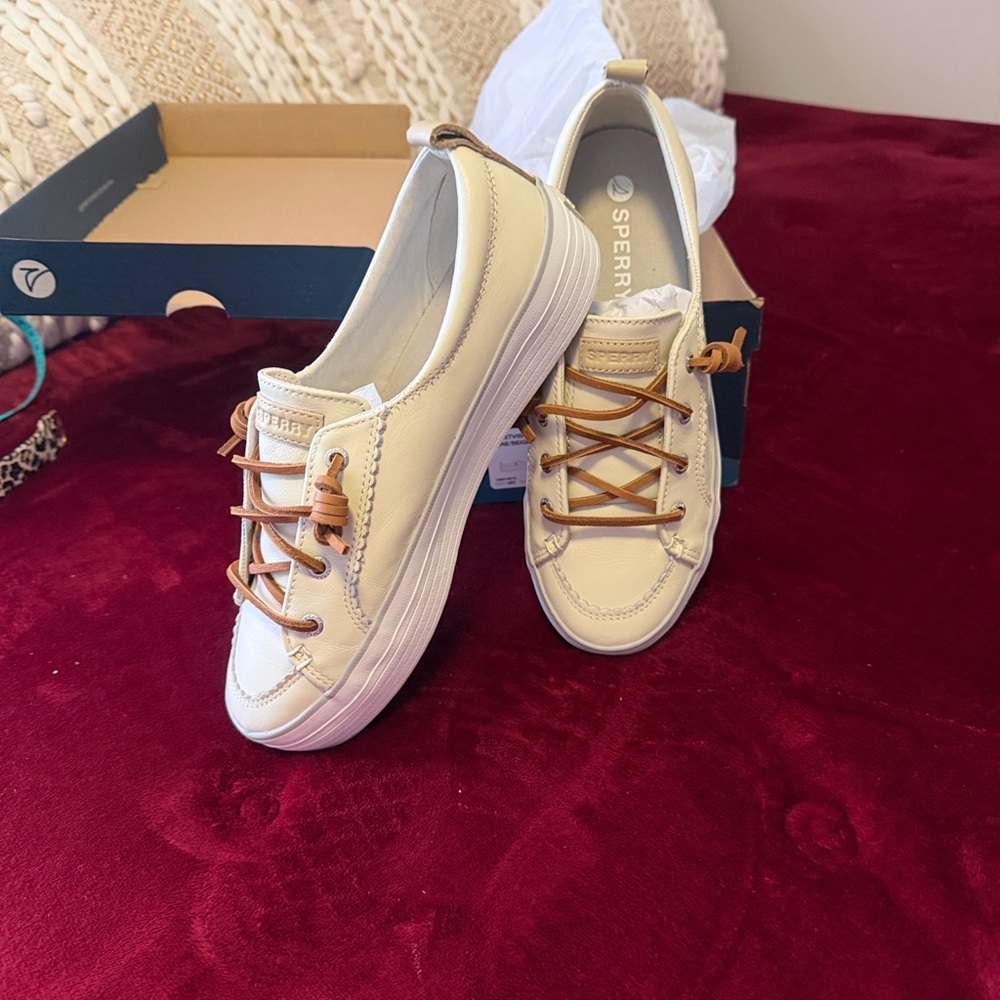 Sperry Women's Bone Leather with Leather Strings Platform Shoes NIB - Picture 8 of 8
